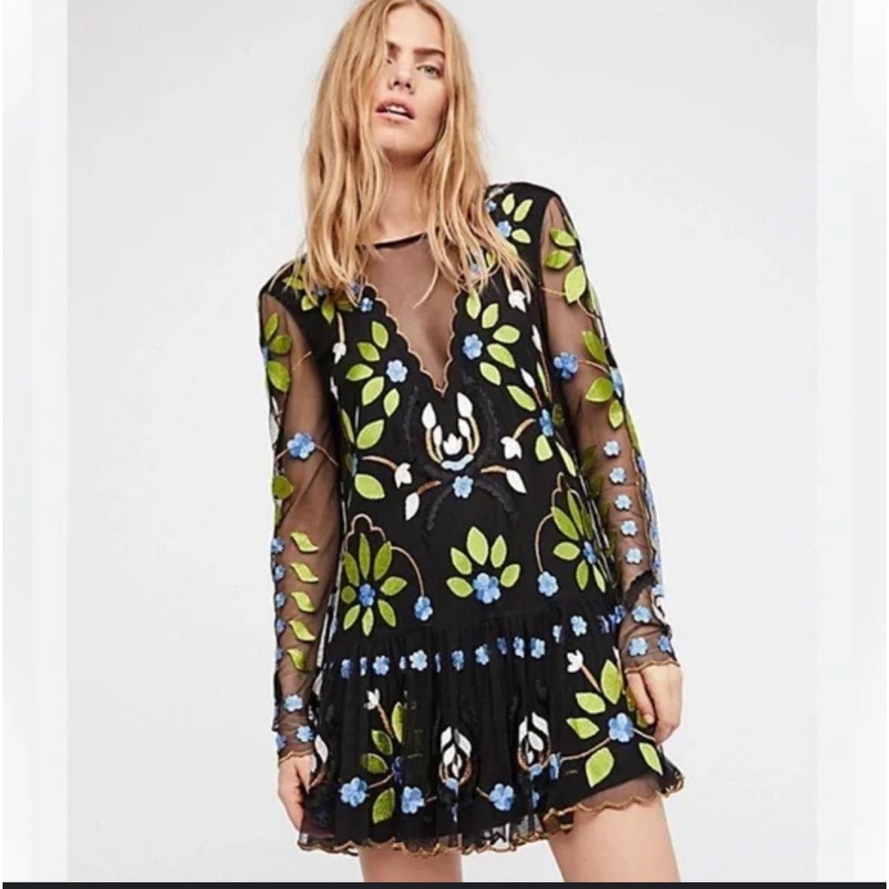 RARE Free People Hearts Are Wild black green XS embroidered drop waist dress